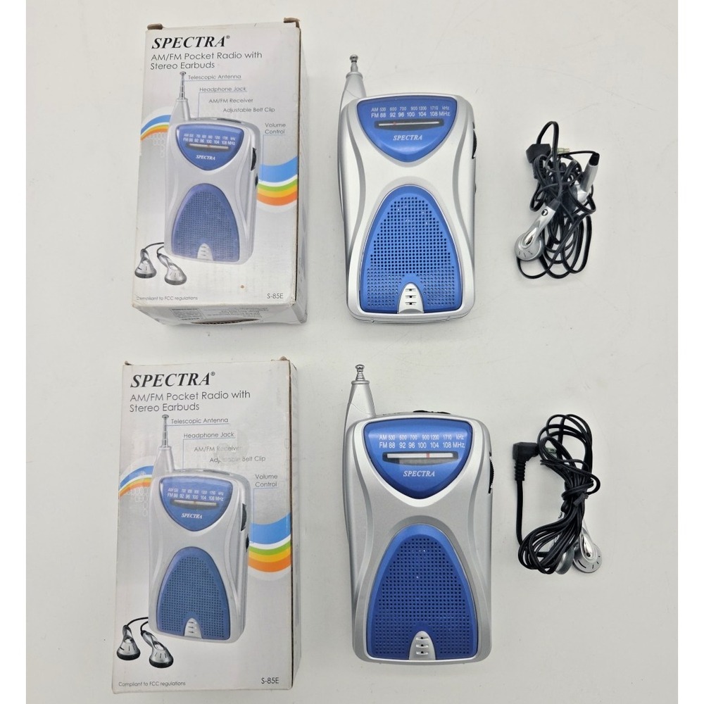 Spectra pocket AM/FM Radio S-85E with earbuds Lot Of 2 - Tested Working